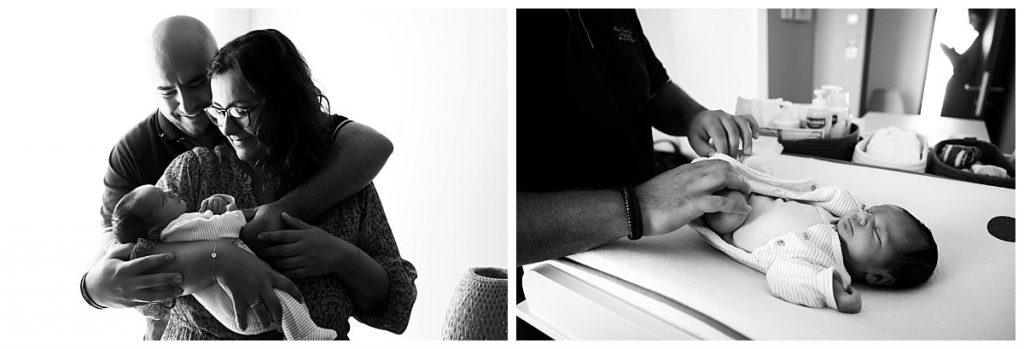 Montage de photos en noir et blanc d'un nouveau né.